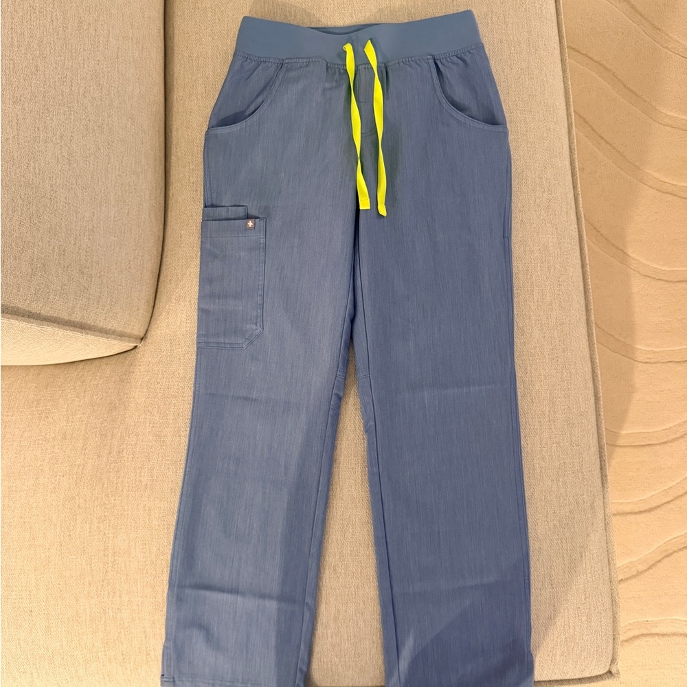 FIGS Kade Scrub Pants XS Petite Heather Indigo High Waisted Drawstring